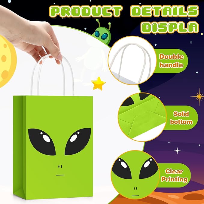 Tosstuki 12 Pcs Alien Gift Bags Alien Birthday Decoration Ufo Aliens Party Paper Bags with Handles for Kids Boys Girls Birthday Space Theme Celebrations Events Supplies