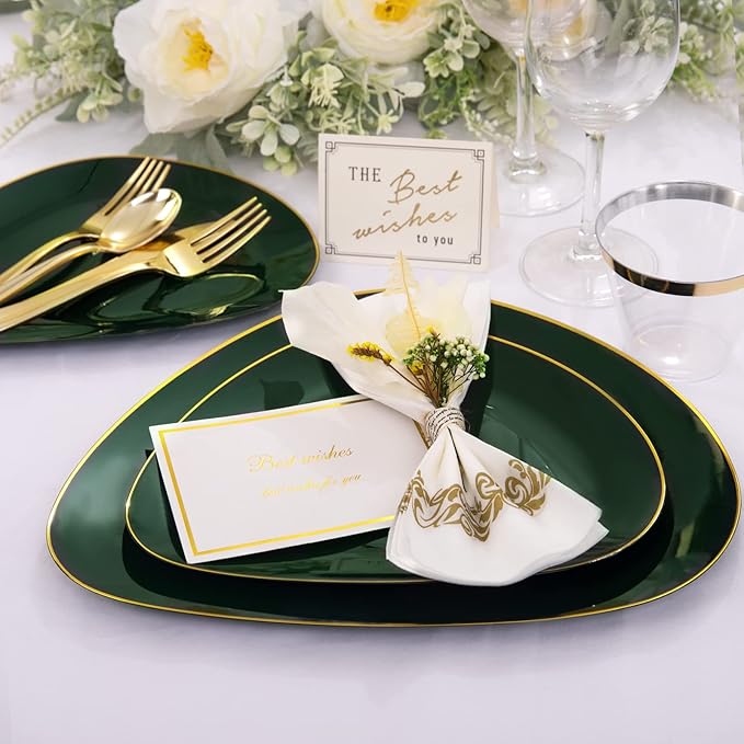 DaYammi 180Pcs Green Plastic Plates, Green Gold Disposable Plates with Gold Silverware Dinnerware Set Include: 30 Dinner Plate,30 Dessert Plate,90 Plastic Cutlery,30 Cups for Party Dinner Wedding