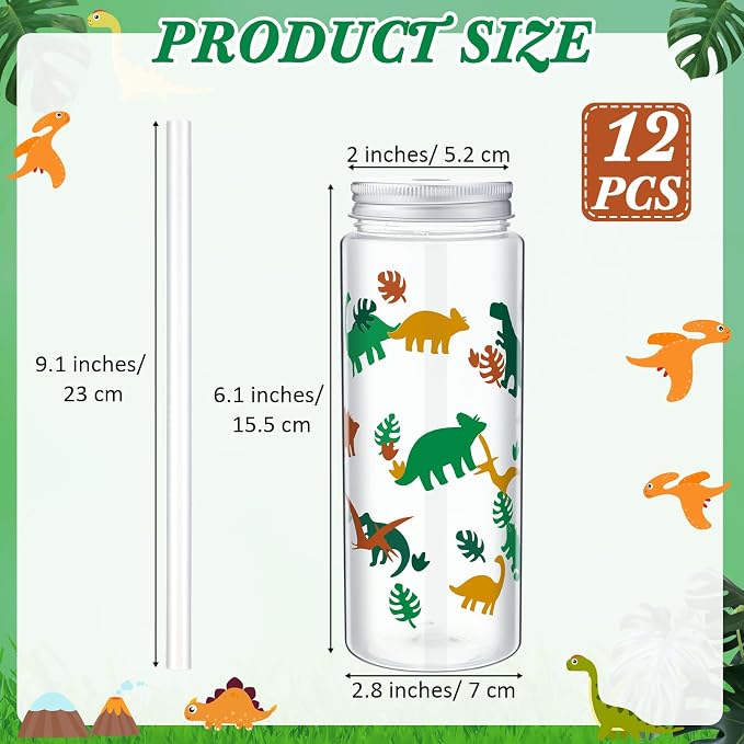 Skylety 12 Set 14 oz Dinosaur Themed Plastic Cup with Straw and Lid Cute Disposable Cups Bulk Dino Party Favors Drinking Mason Jars Tumbler for Birthday Supplies Juice Beverage Smoothie(Green Yellow)