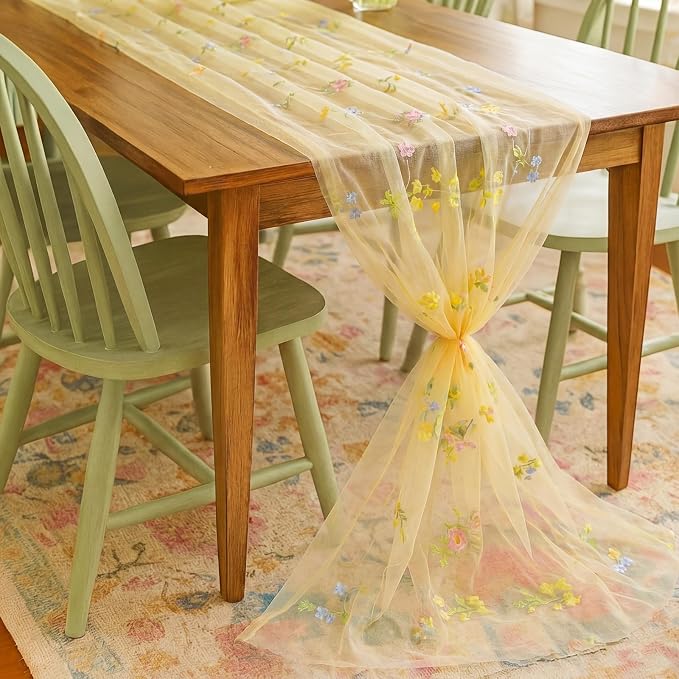 Lounsweer Yellow Wildflower Table Runner 10ft Embroidery Tulle Spring Floral Table Runner Seasonal Summer Butterfly Kitchen Dining Gauze Decoration for Wedding Baby Shower Birthday Party