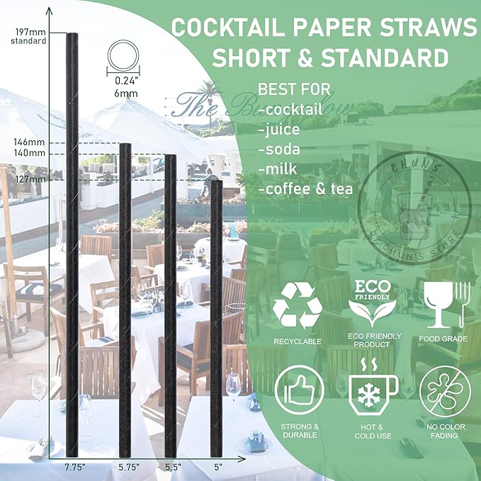 Paper Cocktail Straws 5 inch - 500 ct. Biodegradable Small Black Paper Drinking Straws Bulk for Short Drinks, Restaurant, Bar, Food Services