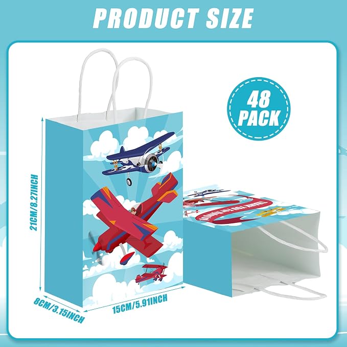 Outus 48 Pcs Airplane Party Favor Bags Paper Airplane Goodie Bags Plain Gift Pouch‌ Blue Aircraft Candy Treat Pouch‌ with Handles for Birthday Party Decorations Supplies