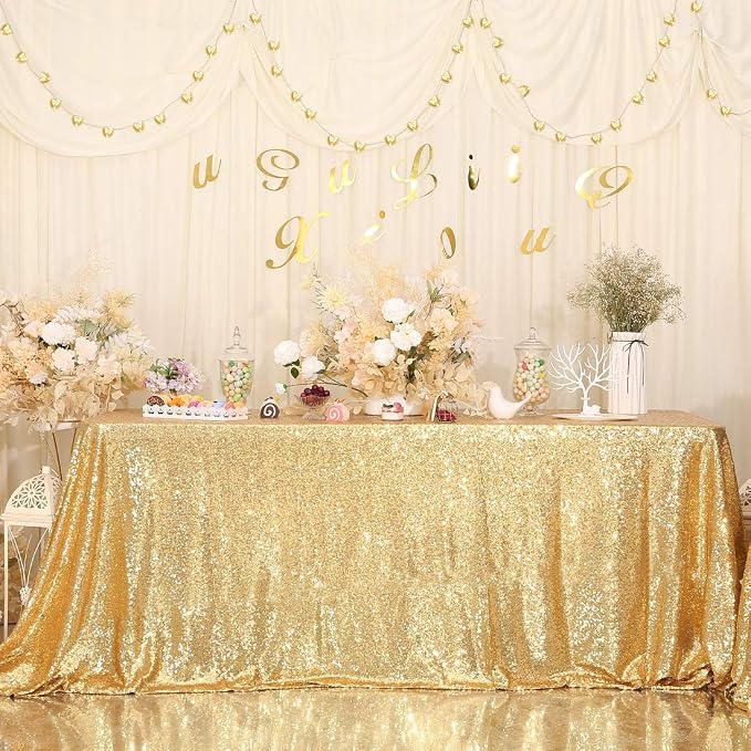Eternal Beauty Gold Tablecloth, 50x50 Inch Sequin Square Table Cover for Valentines Cake Dessert Exhibition Party Birthday Events