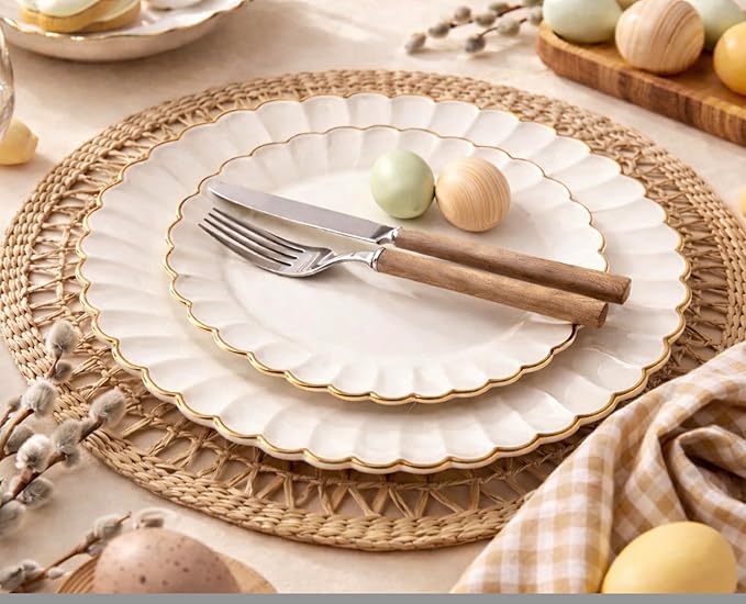 By Madee HEAVYWEIGHT 100 Pc Scalloped Ivory & Gold Plastic Plates for Party | 50 Dinner & 50 Dessert Nice Disposable Heavy Duty Plates | Elegant & Fancy | Wedding, Baby Shower, Bridal Shower 50 Guests