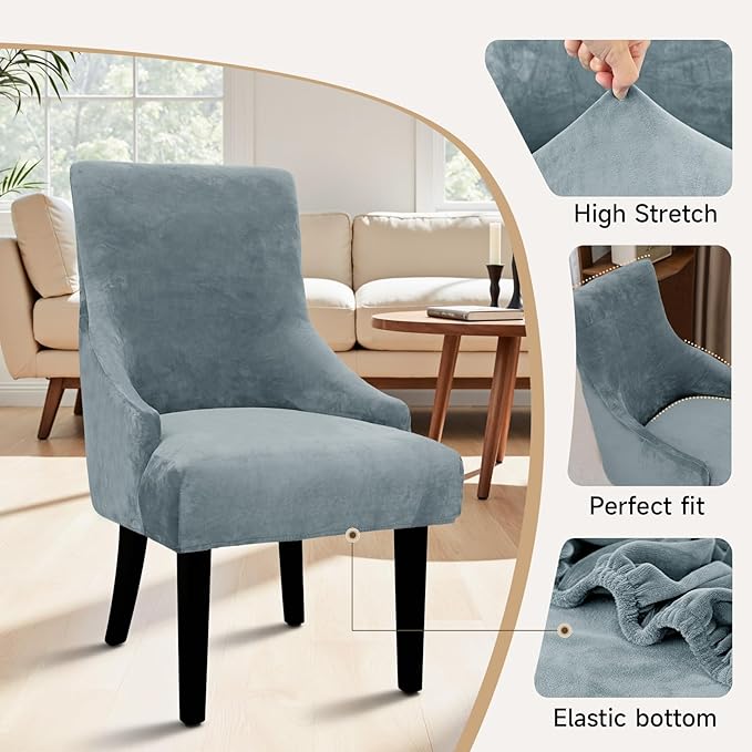 Velvet Wingback Dining Chair Cover Soft Stretch Accent Chair Cover Slipcover Thick Plush Wing Back Chairs Covers Furniture Protect Washable Chairs Protector Covers for Dining Room (Silver Grey, 2)