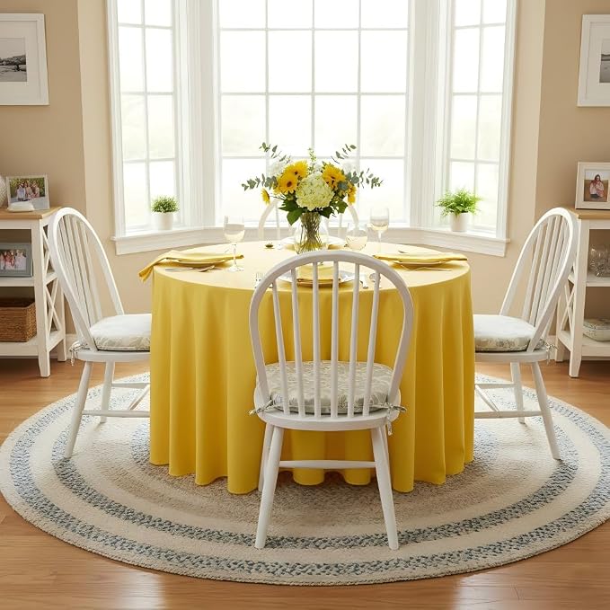 sancua Round Tablecloth - 108 Inch - Water Resistant Spill Proof Washable Polyester Table Cloth Decorative Fabric Table Cover for Dining Tables, Buffet Parties and Camping, Yellow