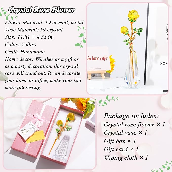 YWHL Handmade Yellow Rose Flower Crystal Figurine with Vase, Bouquet Glass Flowers Ornament Rose Gifts for Women Mom Wife, Crystal Flowers Home Decor for Anniversary Mother's Day Wedding