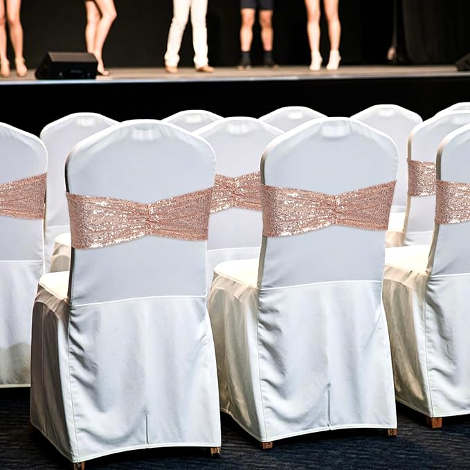 Poise3EHome Rose Gold Sequin Chair Sashes Pack of 50 Folding Chair Covers Bow for Party Wedding Reception Decorations