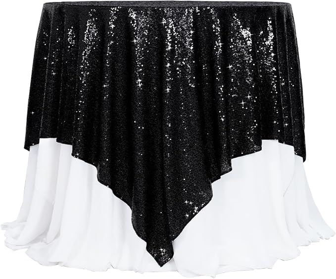 Poise3EHome Black Sequin Tablecloth 90×90 Inch Square Sequin Fabric Table Cover Overlay for Halloween Baby Shower Birthday Party Wedding Holiday Cake Table Decoration