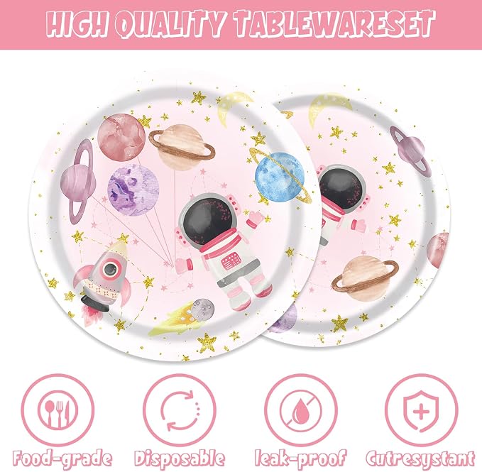 141Pcs Pink Outer Space Party Supplies for Girls Baby Shower Birthday Party Decorations Pink Moon Star Outer Space Planet Themed Birthday Plates Napkins Forks Cups Straws Tablecloch Serves 20 Guests