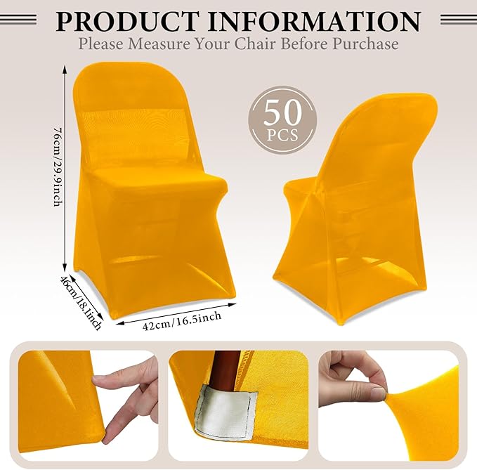 Newwiee 50 Pcs Spandex Chair Covers Bulk - Stretch Folding Flat Front Fitted Universal Chair Protector Pack Removable Washable for Wedding Party Dining Banquet Event (Gold)