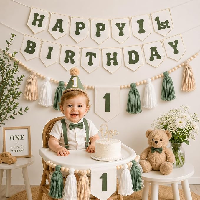 THAWAY 1st Birthday Decorations Boy, White Green First Birthday Becorations for Boy with Banner, Tassel Wood Bead High Chair Banner, Hat and Wood Cake Topper for One Year Old Party Decor