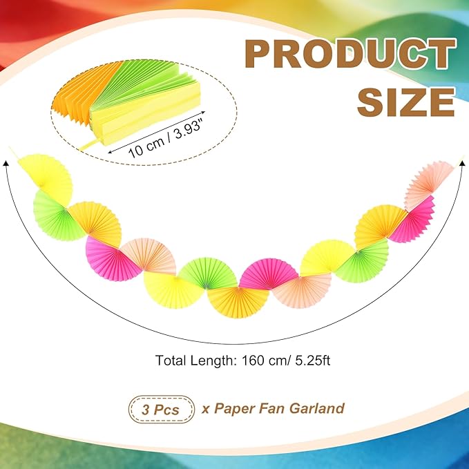 uxcell 3 Pcs Paper Fan Garland, 5.25ft Paper Garland Hanging Decorations Set Party Hanging Decorations Fans for Birthday Parties Holiday Ornaments Family Gatherings Weddings, Fluorescent
