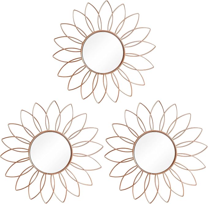 3 Pack Metal Mirrors for Wall Sunburst Wall Mirrors Home Décor Decorative Hanging Wall Art for Living Room Bedroom Entryway (Rose Gold2, Flowers)