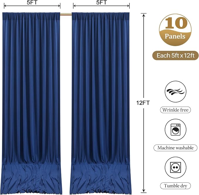 50ftx12ft Wrinkle Free Navy Blue Backdrop Curtain, 10 Panels 12FT Long Wedding Photo Backdrop Drapes, Silky Polyester Back Drop Cloth for Birthday Photography Background Party Backdrop Draping