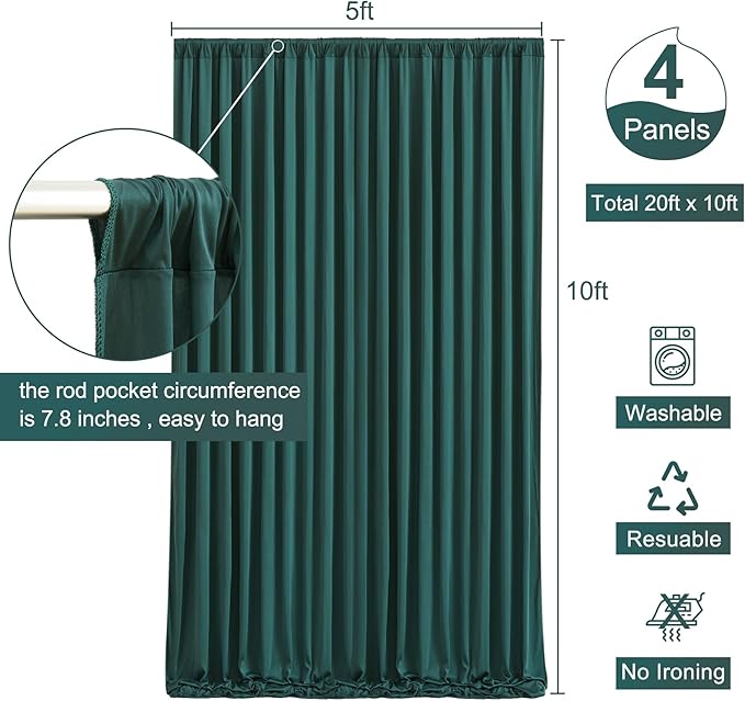 4 Panels Hunter Green Backdrop Curtain for Parties Wrinkle Free Dark Green Photo Curtains Backdrop Drapes Fabric Decoration for Baby Shower Birthday Party Photography 20ft(W) x 10ft(H)