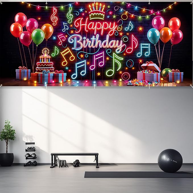 Neon Birthday Garage Door Banner 7x16ft Glow in Dark - Colorful Music Notes & Balloon Backdrop,Glow Party Decor for Adults,Photo Booth Background