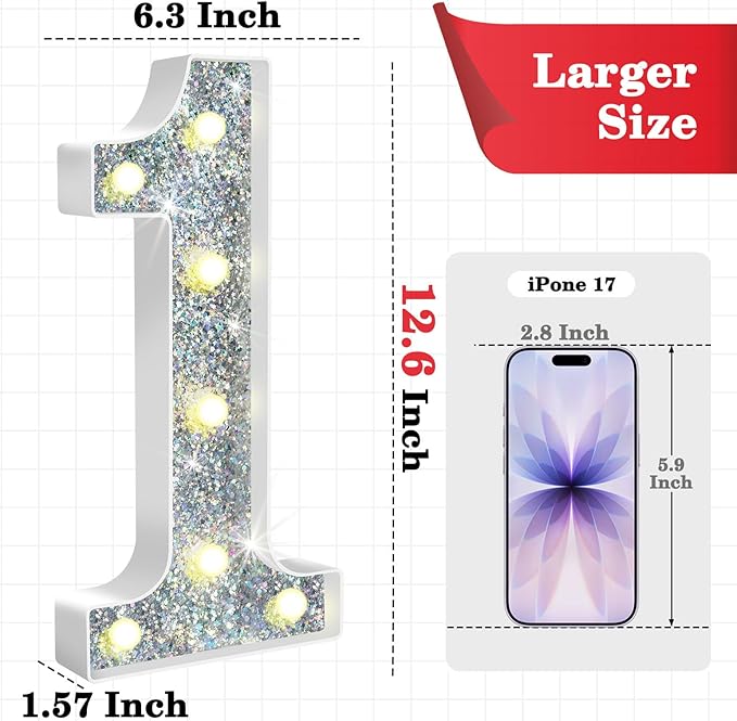12.6 Inch LED Silver Marquee Light Up Numbers, 1st Birthday Decorations Number Lights as Gifts for Girls Boys, Glitter Lighted Marquee Numbers for Silver Anniversary Party Table Decor, 1