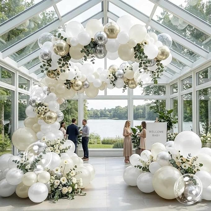 White Balloon Arch Double Stuffed Sand White Gold Pearl Bobo Balloons Light Gold Silver Latex Balloon Garland for Birthday Wedding Baby Shower Bridal Shower Baptism Party Decor