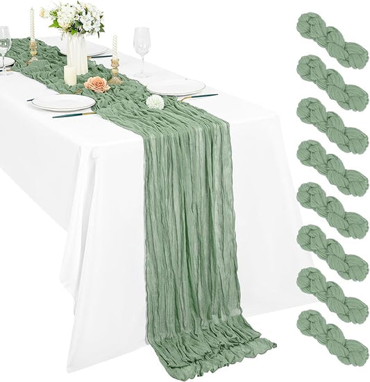 8 Pack Sage Green Cheesecloth Table Runner, 10Ft Boho Gauze Table Runner 35×120 Inch Rustic Romantic Long Table Runner for Wedding Party Bridal Shower Thanksgiving Christmas Decoration