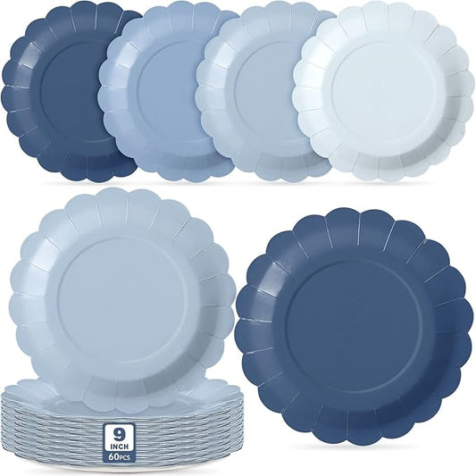 60 Pcs Dusty Blue Paper Plates 9 Inch Blue Scalloped Disposable Round Dessert Paper Plates Party Decoration for Margs and Matrimony Bachelorette Party Women Birthday Baby Shower Wedding
