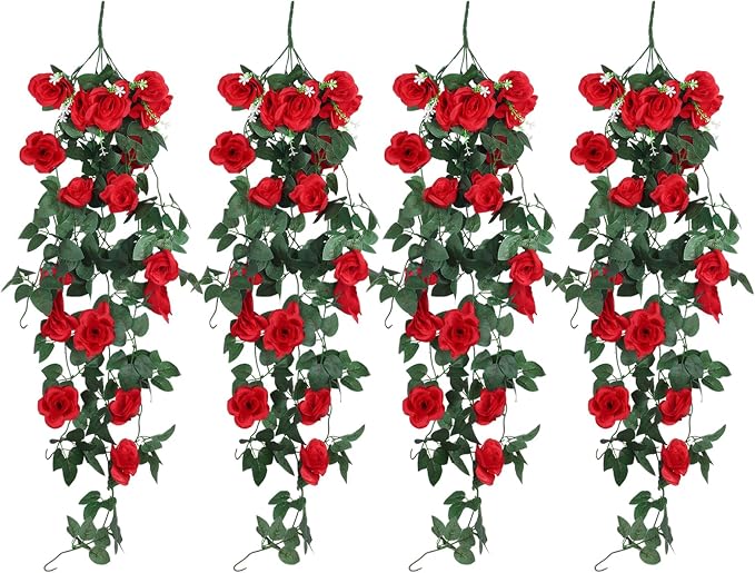 RECUTMS Artificial Red Roses Fake Hanging Flowers Plants, 4PCS 37 Inch Silk Floral Ivy Garland for Indoor Outdoors Home Garden Front Door Porch Wedding Derby Party Arch Valentines Greenery Decor