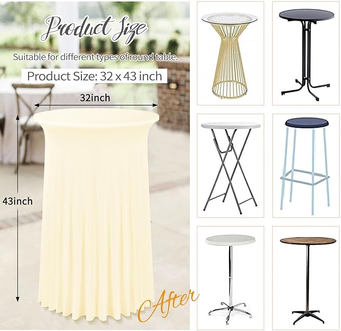 6 Packs 32"x 43" Round Cocktail Table Skirt, Spandex Fitted High Top Table Skirt, Spandex Stretch Cocktail Tablecloth for Wedding Party Bar Banquet Birthday Tables(Beige)