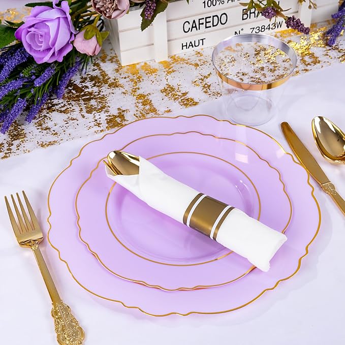 Liacere 350PCS Purple Plastic Plates - Disposable Lavender Plates 50guest Plastic Dinnerware include 100Light purple Plates,50Pack Pre Rolled Napkins Silverware 50Cups for Wedding & Mothers Day