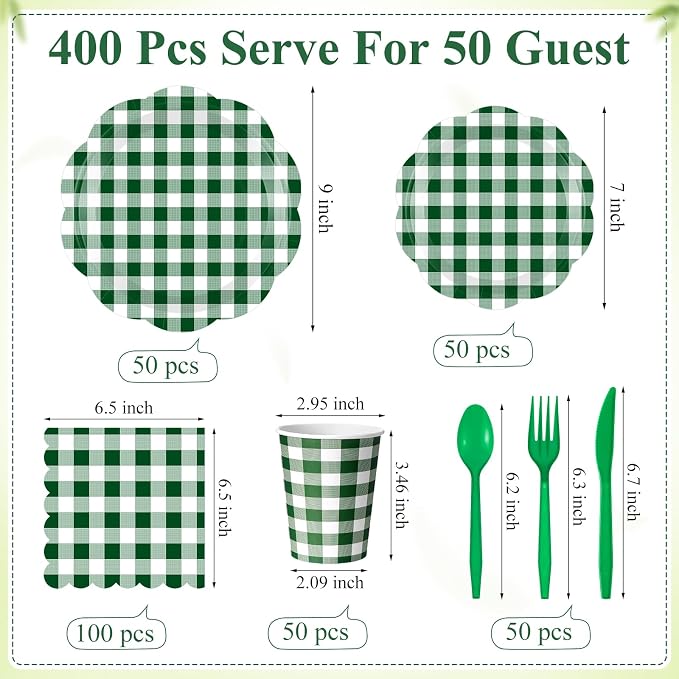 Funnymoom 400 Pcs Gingham Party Supplies for 50 Guests Dark Green and White Paper Plates and Napkins Knives Spoon Fork Cup Disposable Checkered Dinner Party Set Cutlery for Baby Shower Wedding Favor
