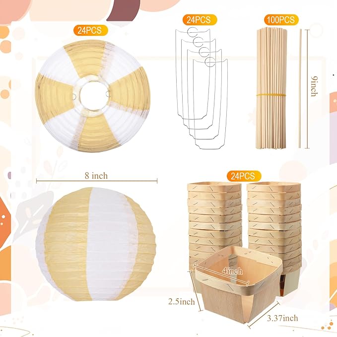 Namalu 24 Set Hot Air Balloon Table Centerpieces Baby Shower Party Decoration Paper Lanterns with Wooden Basket Sticks for Summer Birthday School DIY Craft(White Khaki)