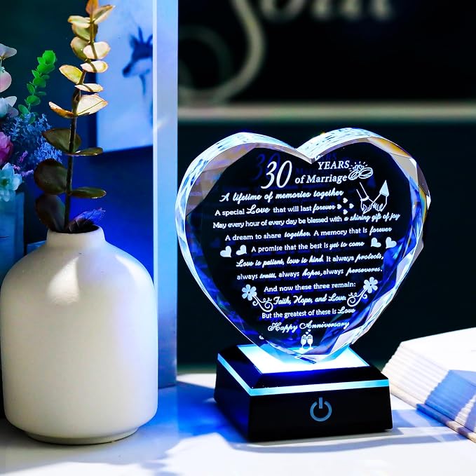 30th Wedding Anniversary Crystal Gifts for Couples Parents Romantic 30th Anniversary Heart Gifts for Her Him with Colorful LED Base 30 Years of Marriage Gift for Wife Husband
