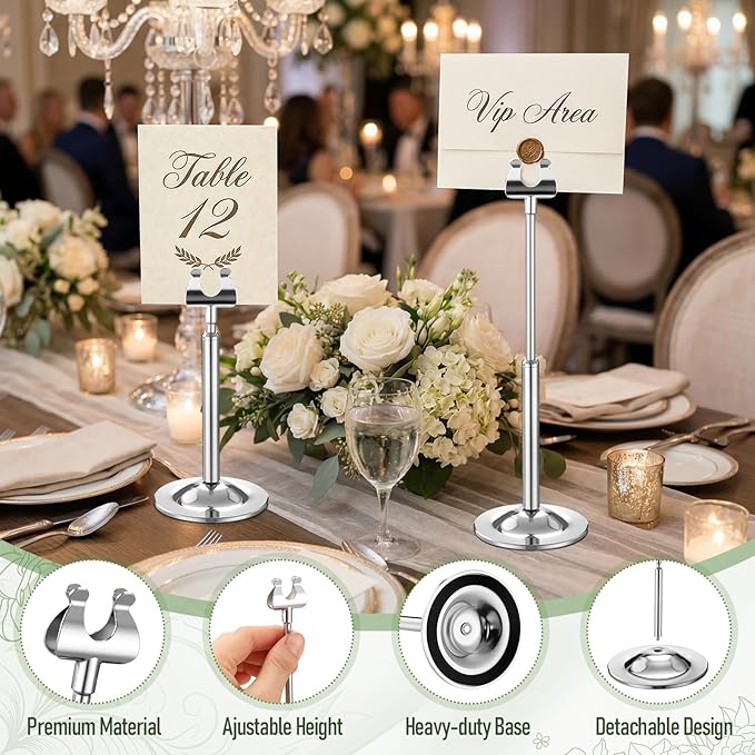 Kathfly Silver 12 Set Table Number Holders Adjustable Metal Place Card Holders Harp-clip Tabletop Sign Stands Detachable Card Holder for Weddings Birthday Restaurants Table Decor (4.9-7.3 Inch)