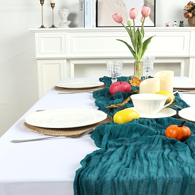 16 Pack Teal Cheesecloth Table Runner 10ft Boho Gauze Fabric 120 Inch Cheese Cloth Table Runner Rustic Sheer for Holiday Baby Shower Party Décor Home Wedding Decoration