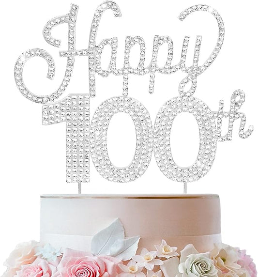 LINGTEER Happy 100th Birthday Silver Rhinestone Cake Topper - Cheers to 100th Birthday 100 Years Old Anniversary Party Cake Centerpieces Topper Decorations Gift Sign.