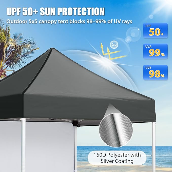 EAGLE PEAK Pop up Canopy 5x5, Outdoor Portable Canopy Tent with One Removable Sunwall, Carry Bag Included, Gray