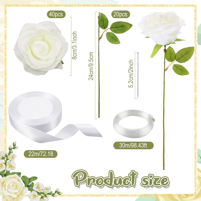 Suncalla 40 Pcs Artificial Rose Flower Hanging Decorations Set DIY Hanging Fake Roses Garlands with Hooks Wedding Party Decorations for Anniversary Background Themed Party(Cream White)