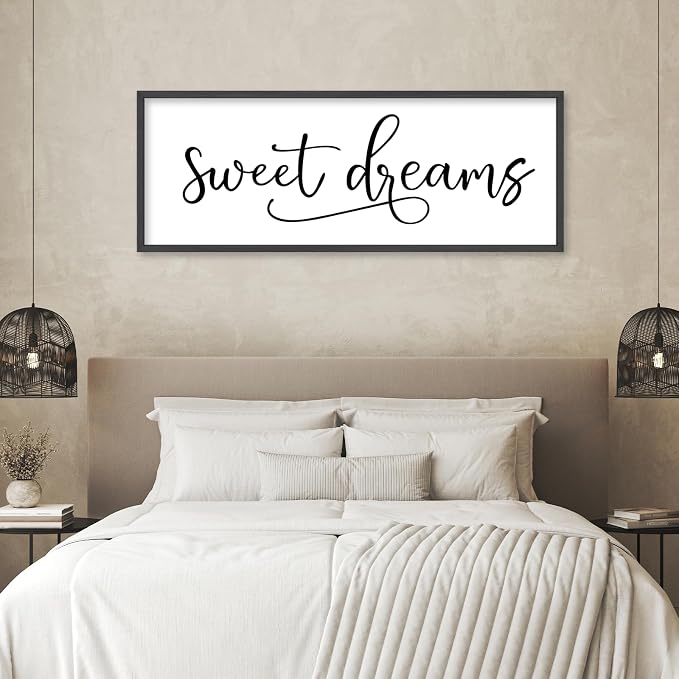 YWJKWLGS Sweet Dreams Wall Decor Signs Above Bed Bedroom Wall Art Over Bed | 40x15 Inch Farmhouse Handwritten Art Large Rustic Black Wood Framed Master Guest Room Kids Room Wall Hanging