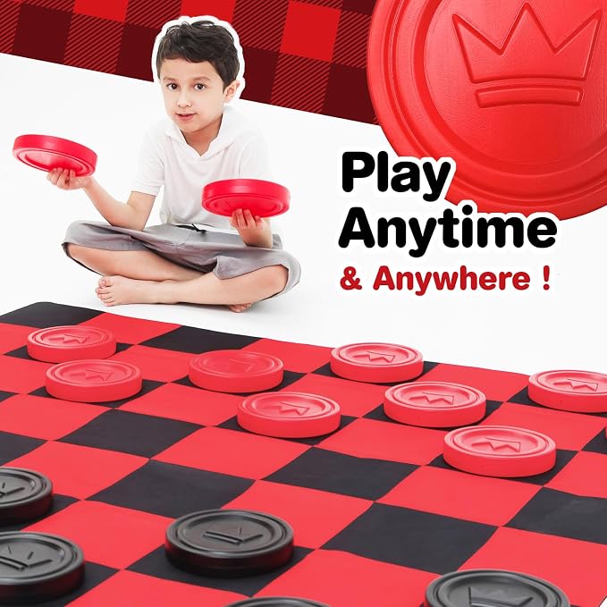 Grip Kids Jumbo Checkers Set with Storage Bag - 58 inch mat - Outdoor & Indoor Play Toys, Backyard Board Games, Family Party, Birthday for Toddlers Ages 5 6 7 8 Year Old - Amazon Exclusive