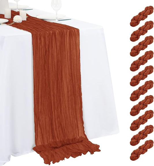 10 Pack Terracotta Cheesecloth Table Runner 17x108 Inch Semi Sheer Boho Gauze Cheese Cloth Table Runners, for Wedding Bridal Shower Birthday Party Home Decor Garden Farmhouse