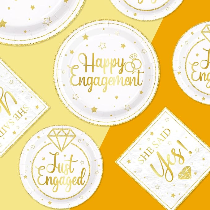 250 Pcs Happy Engagement Party Decorations White Gold Diamond Ring Plates Napkins Cups Disposable She Said Yes Tableware Set for Wedding Bridal Shower Just Engaged Party Supplies Serves 50