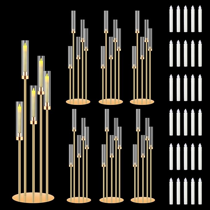 6 Pack Gold Candelabras Centerpieces for Tables, 42" 5-Arm Candle Holders | 6 centerpieces with 30 LED candles; gold finish; stable metal base; ideal for wedding party