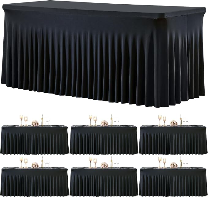 gogoparti 6 Pack Spandex Black Fitted Table Cloth for 6ft Rectangle Tables Black Stretch Tablecloth Table Covers Skirt Banquet Wrinkle Free Tablecloths for Parties Wedding