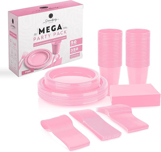 Grandipity 350 Piece Pink Disposable Dinnerware Set, Includes 50 of Each: 9" Dinner Plates, 7" Dessert Plates, 12oz Cups, Paper Napkins, Forks, Knives & Spoons