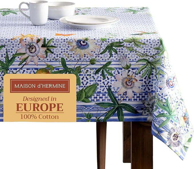 Maison d' Hermine Table Cloth Rectangle Table 100% Cotton 70 x 90 Inches Tablecloth Reusable Decorative for Dining Kitchen Room Farmhouse Party Home Hotel Restaurant Spring Summer - Passiflora