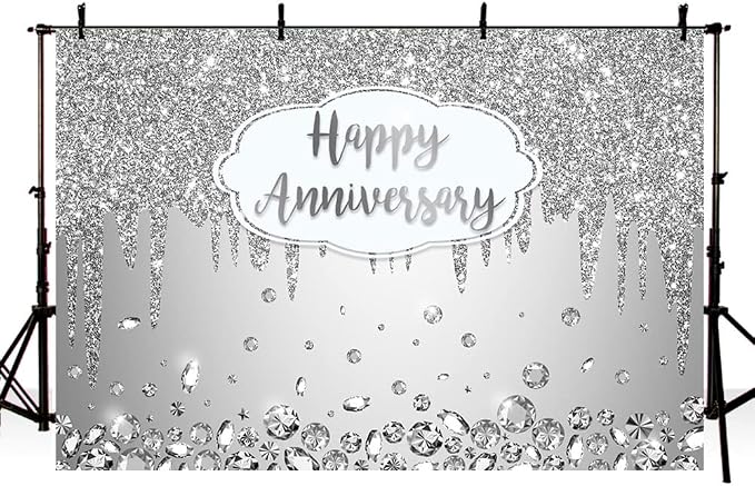 AIBIIN 10x7ft Happy Anniversary Backdrop Silver Dripping Glitter Crystals Photography Background Cheers to Wedding Anniversary Party Decorations Banner Photo Props