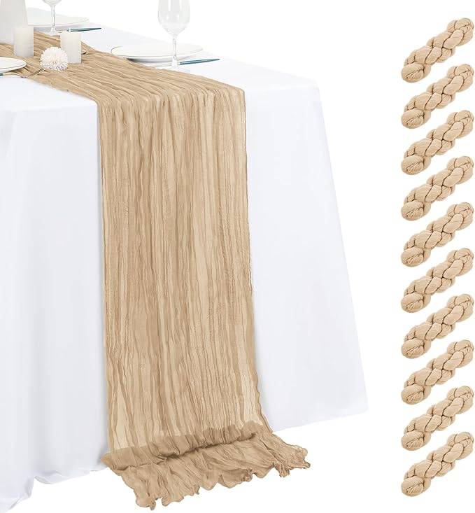 10 Pack Beige Cheesecloth Table Runner 17x108 Inch Semi Sheer Boho Gauze Cheese Cloth Table Runners, for Wedding Bridal Shower Birthday Party Home Decor Garden Farmhouse