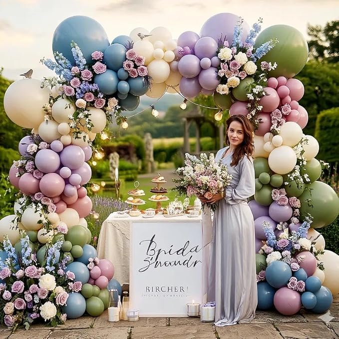 Blue Green Pink Balloon Garland Double Stuffed Sage Green Dusty Blue Pink Purple Lavender Balloons Pastel Balloon Arch Kit for Birthday Baby Shower Gender Reveal Flower Tea Party Decorations