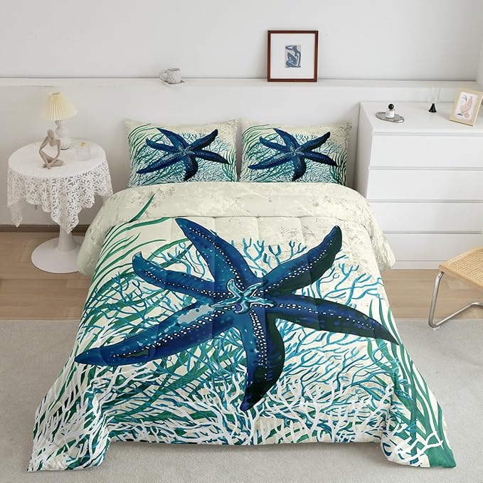 Feelyou Starfish Beach Comforter Set King Size Kids Summer Theme Comforter for Boys Girls Teens Marine Themed Bedding Set Underwater Animal Duvet Set Ocean Creature Quilt