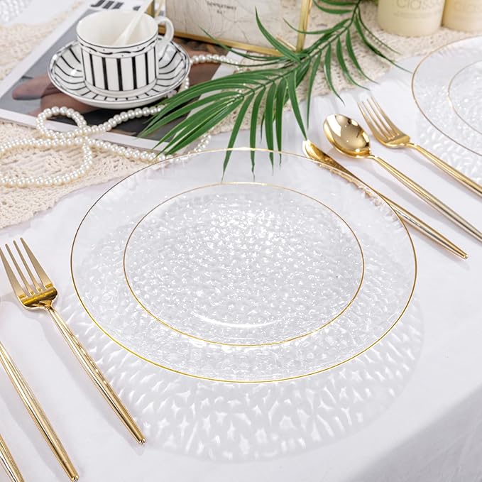 Rubtlamp 100Pcs Clear Gold Plastic Plates, Disposable Plates With Gold Rim, Heavy-duty Party Platos, Hammered Plastic Plates Include 50 Clear Dessert Plates, 50 Dinner Plates for Party