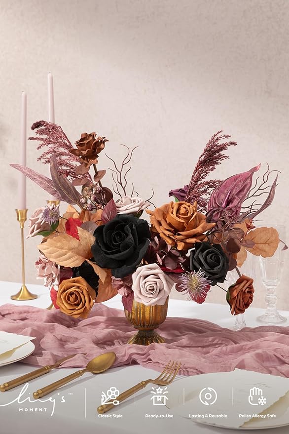 Ling's moment Fake Flowers Box, Faux Artificial Greenery Stems Foam Roses Gardenia Anthurium Silk Willow Eucalyptus Fabic Flower for Centerpieces Bouquet Vase, Black & Orange & Purple, Deluxe Combo